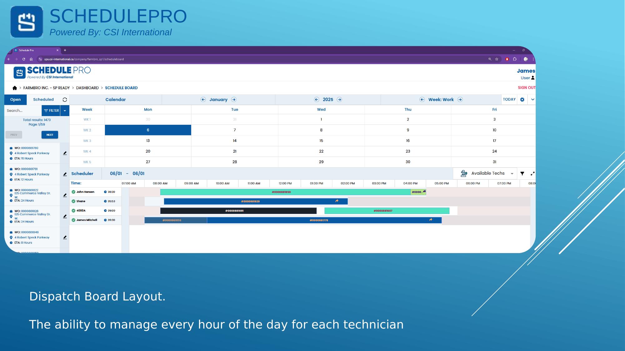 SchedulePro dispatch board showing technician schedules