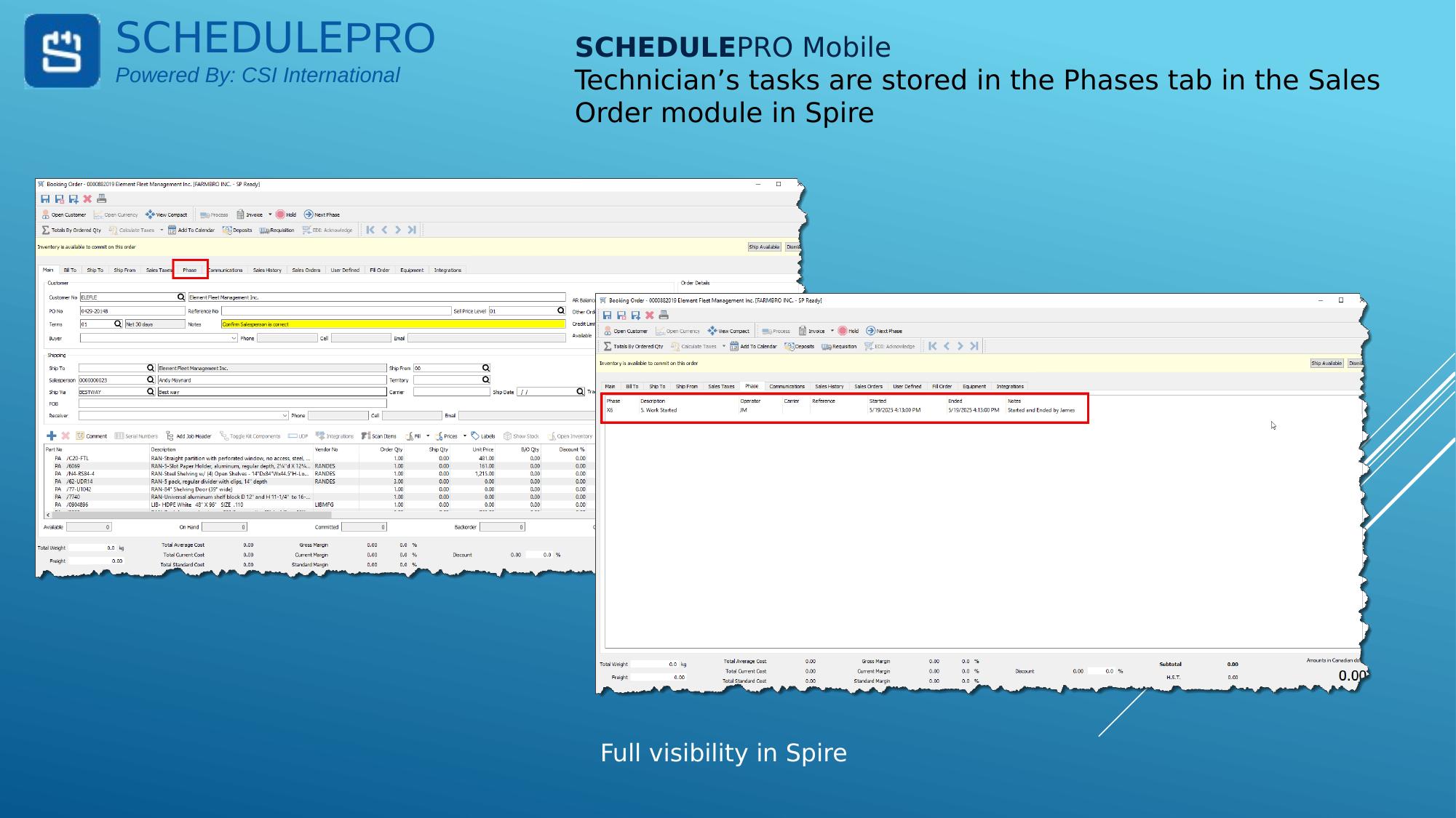 SchedulePro Mobile tasks visible in Spire Sales Order phases tab